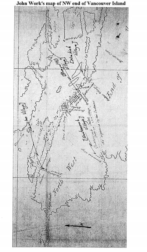 Map marked by the Tribunal of key locations in larger, darker printing and in square brackets as follows: [Nawitee Village], [Quatseenah Village], [(Kwagulth) Village] and [Nimkish Village]. 