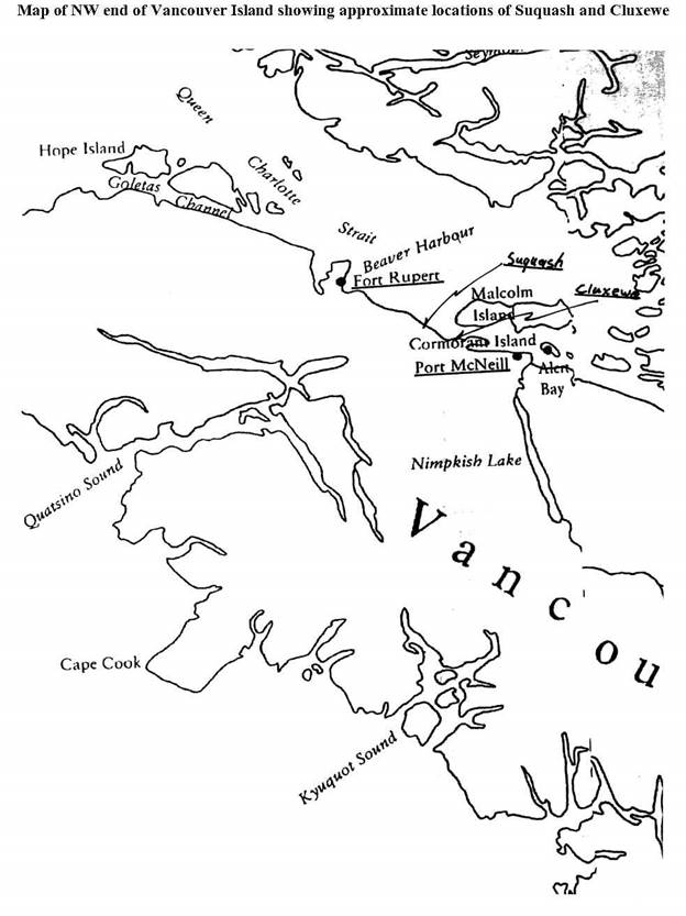 Approximate locations of Suquash and Cluxewe indicated on a map of the area found in the Claimant’s CBD (Vol 10, Tab 12, e-page 83). The map was marked by the Tribunal.
