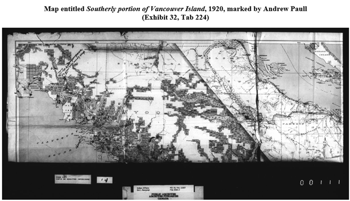 Map entitled Southerly portion of Vancouver Island, 1920, marked by Andrew Paull (Exhibit 32, Tab 224).