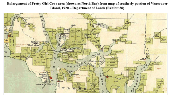 Enlargement of Pretty Girl Cove area (shown as North Bay) from map of southerly portion of Vancouver Island, 1920 – Department of Lands (Exhibit 38)