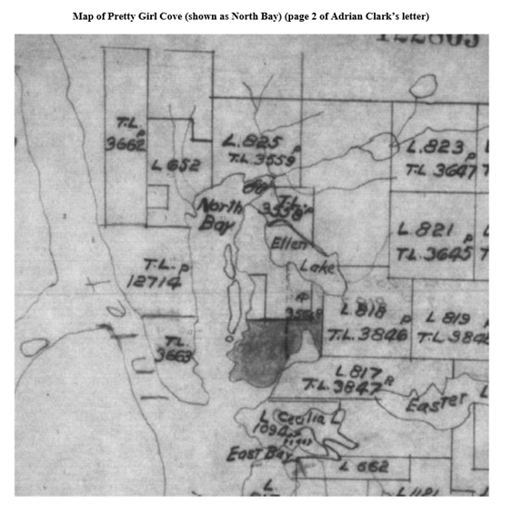 Map of Pretty Girl Cove (shown as North Bay) (page 2 of Adrian Clark’s letter)