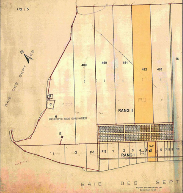 Titre : Photo de la réserve - Description : La réserve de 1906, incluant notamment le lot 5-2, les 44 lots subdivisés du rang 2 derrière le lot 5-2, et le lot 492.