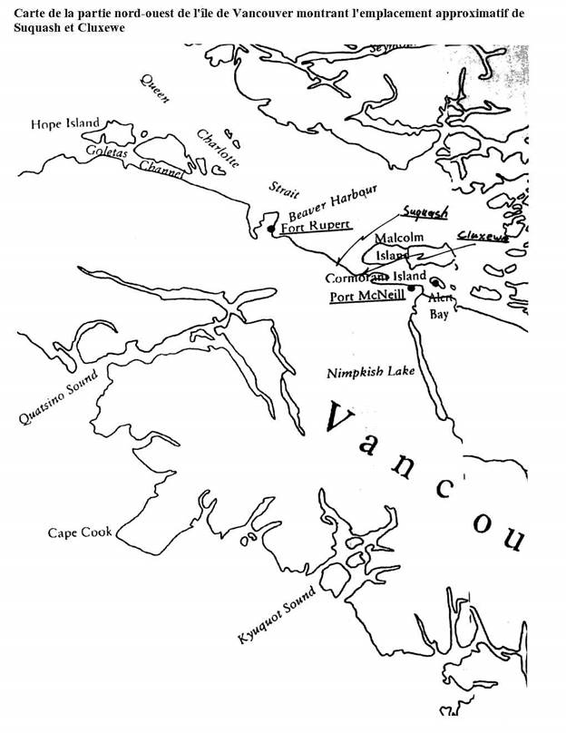 Emplacements approximatifs de Suquash et de Cluxewe sur la carte qui figure dans le RCD de la revendicatrice (vol 10, onglet 12, à la p 83 de la version PDF).