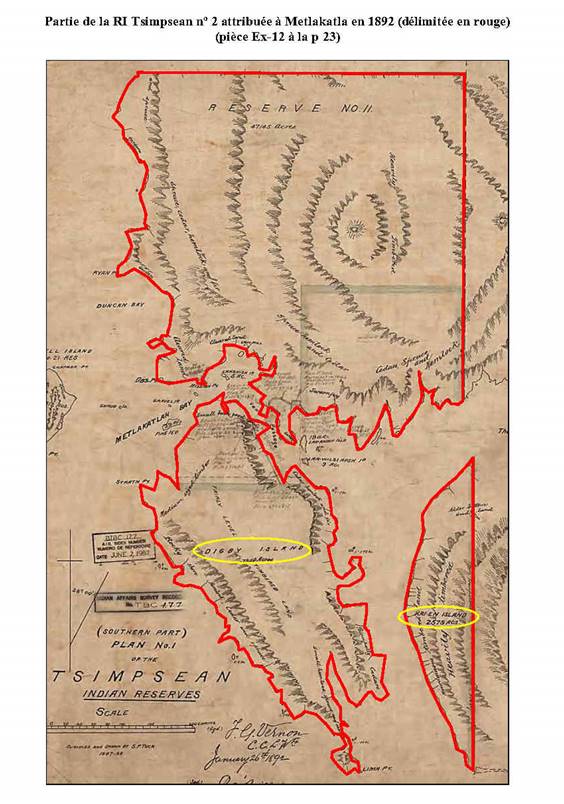 Partie de la RI Tsimpsean no 2 attribuée à Metlakatla en 1892 (délimitée en rouge),(pièce Ex-12 à la p 23).