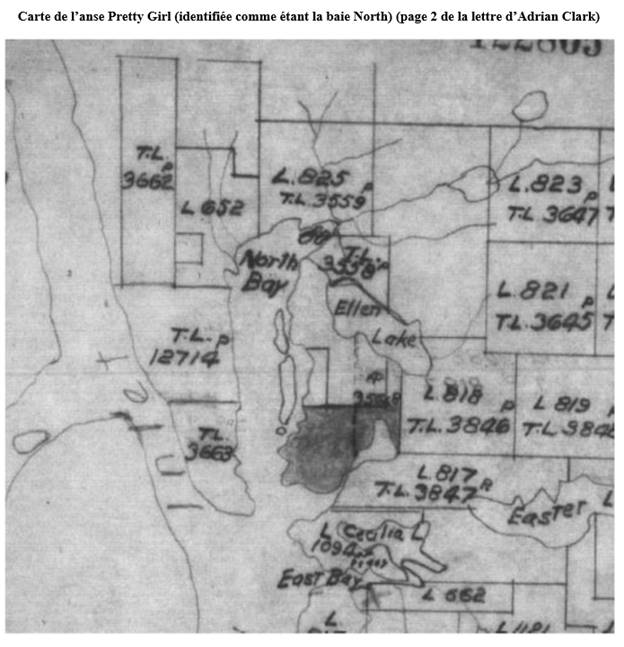 Carte de l’anse Pretty Girl (identifiée comme étant la baie North) (page 2 de la lettre d’Adrian Clark)