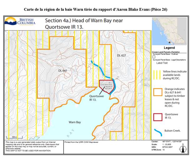 Carte de la région de la baie Warn tirée du rapport d’Aaron Blake Evans (Pièce 26)