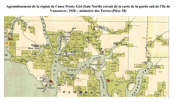 Agrandissement de la région de l’anse Pretty Girl (baie North) extrait de la carte de la partie sud de l’île de Vancouver, 1920 – ministère des Terres (Pièce 38)