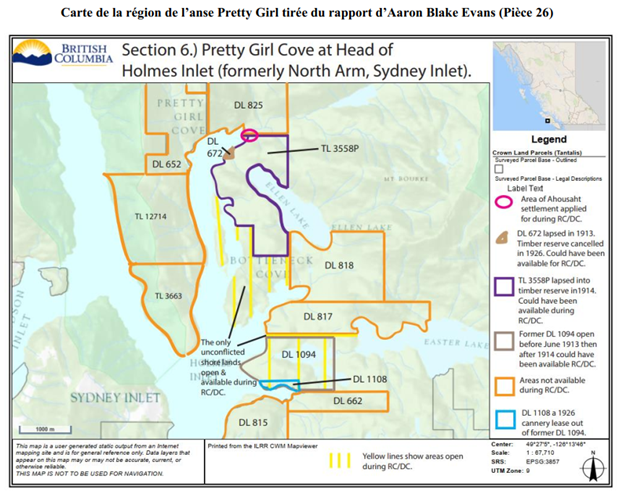 Carte de la région de l’anse Pretty Girl tirée du rapport d’Aaron Blake Evans (Pièce 26)